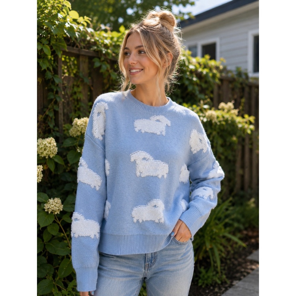 Cider Fuzzy Sheep Sweater XL Baby Blue White Lamb Cozy Cottagecore Pullover Soft